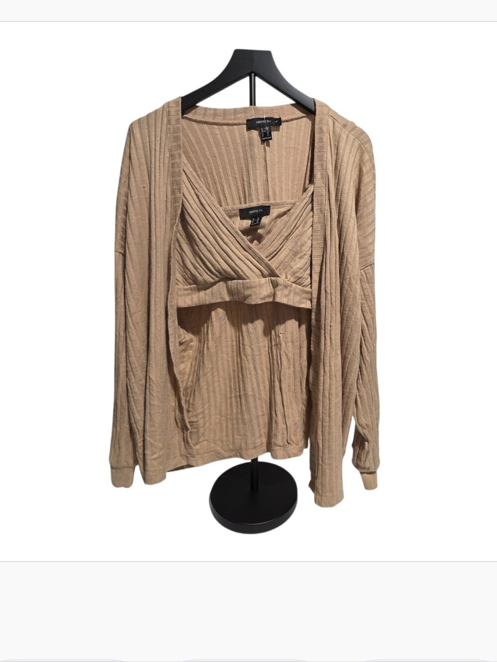 Forever 21 Sz 3X Ribbed Knit Cardigan & Faux Wrap V-Neck Crop Tank Top Set Tan